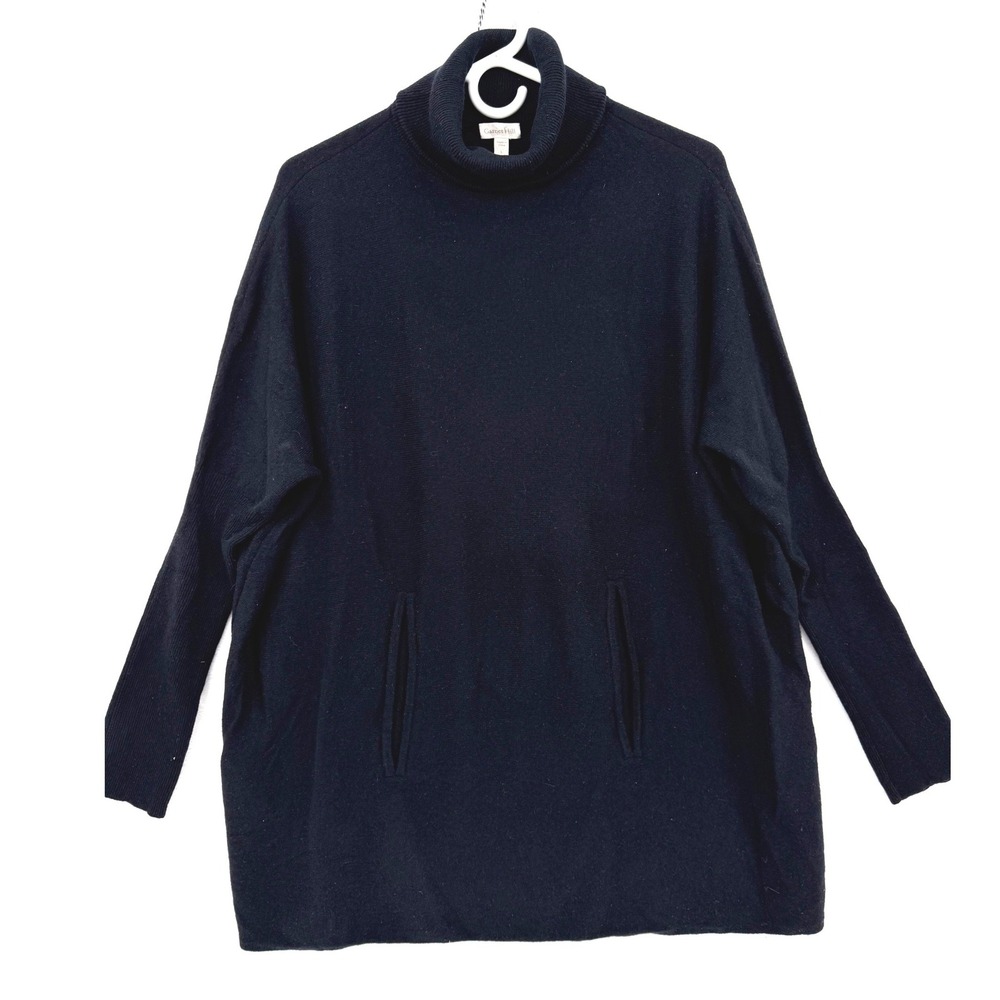 Garnet Hill Black Wool Cashmere Oversized Turtleneck Sweater Pocket L Minimalist